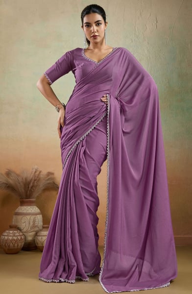 Onion Purple Matte Georgette Party Wear Saree