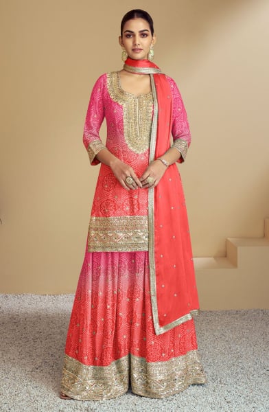 Orange and Rani Pink Real Digital Chinon Embrodiered Sarara Kameez Suit