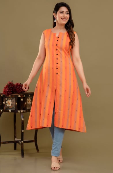 Orange Cotton Party Wear Kurti