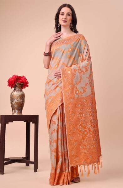 Orange Cotton Printed Saree