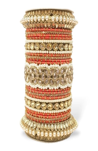 Orange Designer Bangle Set with Moti and Stones