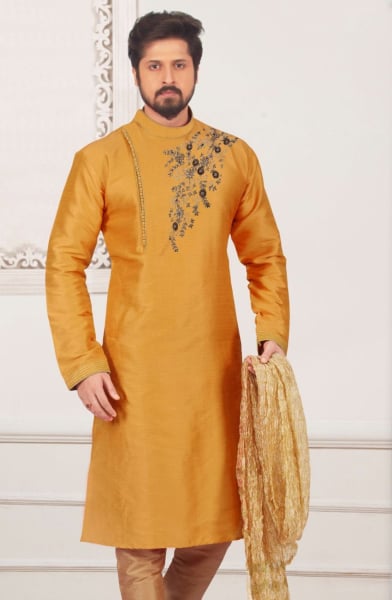 Orange Dupion Silk Mens Kurta