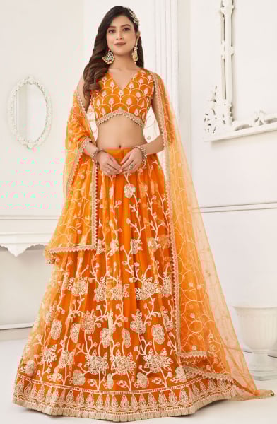 Orange Embroidered Net Lehenga Choli