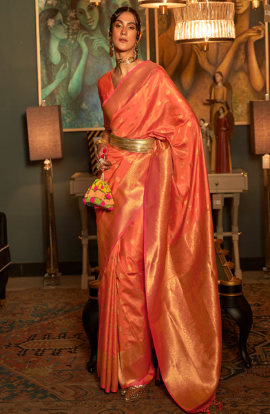 Orange Handloom Weaving Silk Saree