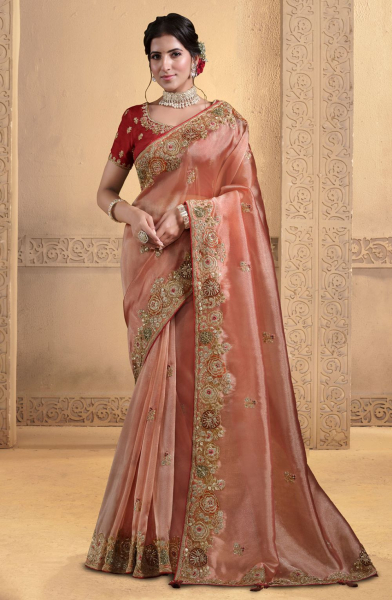 Orange Heavy Embroidered Designer Saree