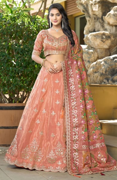Orange Heavy Resham Embroidered Lehenga Choli Set
