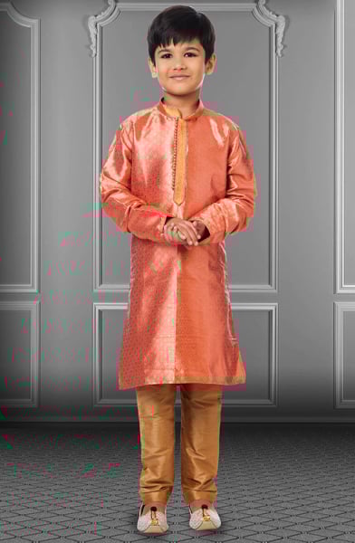 Orange Jacquard Silk Kids Kurta Set