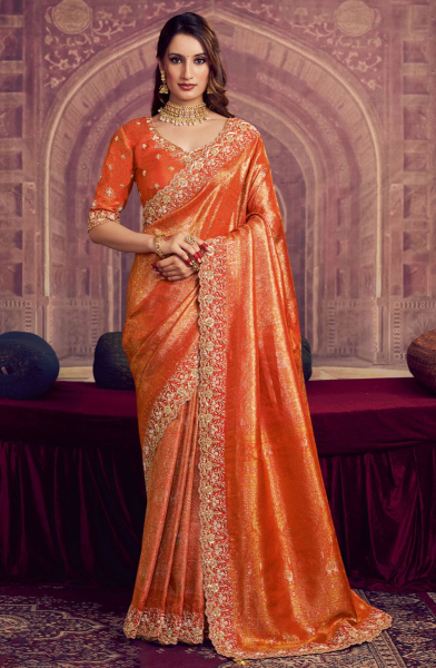 Orange Kanjivaram Pure Zari Silk Heavy Embroidered Saree for Ceremonial