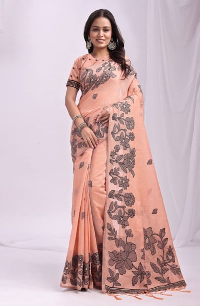 Orange Linen Cotton Party Wear Saree