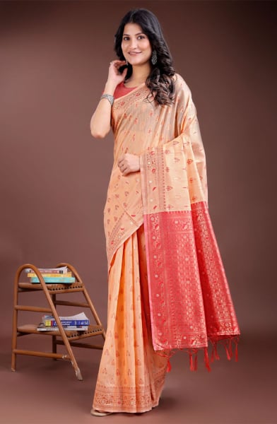 Orange Linen Cotton Woven Saree