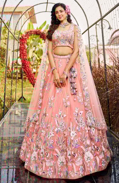 Orange Net Heavy Designer Lehenga Choli Set for Wedding