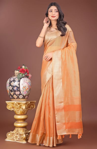 Orange Organza Printed Saree
