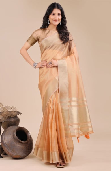Orange Organza Woven Saree