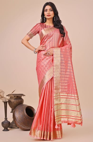 Orange Organza Woven Saree