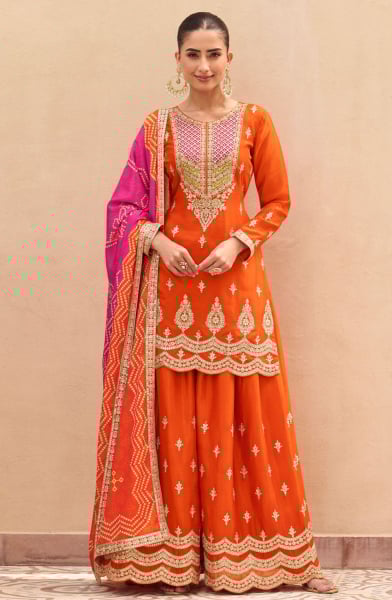 Orange Premium Chinon Silk Palazzo Kameez Suit