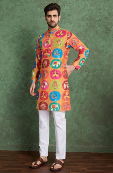 Orange Printed Rayon Kurta Set