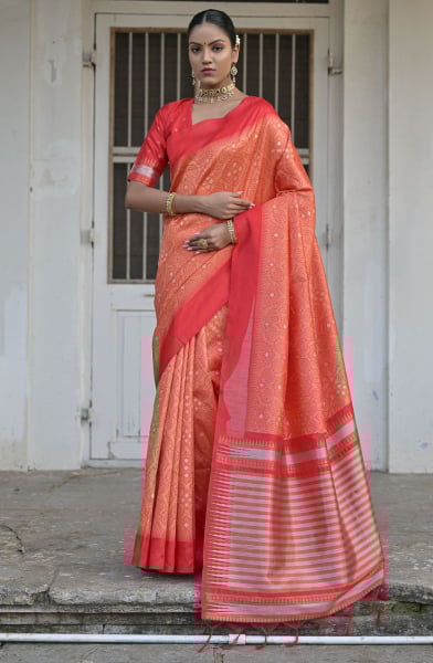 Orange Raw Silk Zari Woven Saree