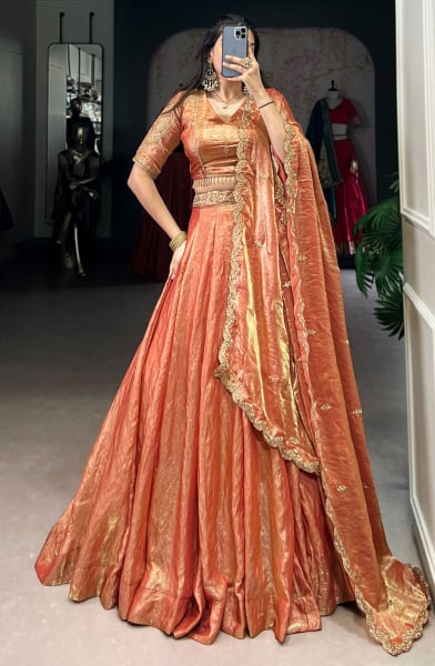 Orange Thread Embroidered Party Wear Lehenga Choli Set