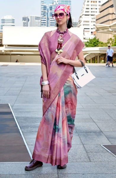 Orchid Pink Handloom Silk Printed Saree