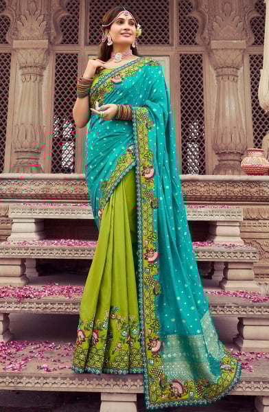 Parrot Green and Firozi Embroidered Silk Designer Saree