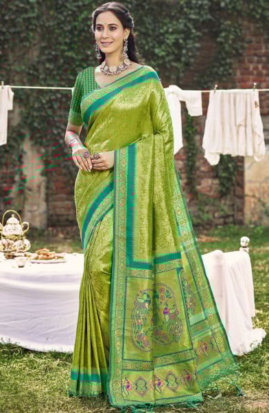 Parrot Green Banarasi Silk Woven Work Saree