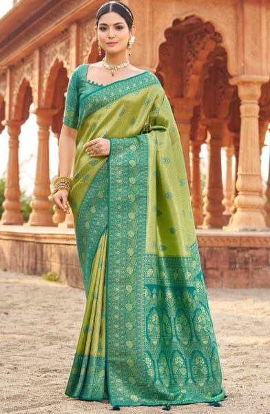 Parrot Green Banarasi Silk Zari Woven Saree for Festival