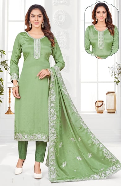 Parrot Green Chinnon Readymade Pant Kameez Suit