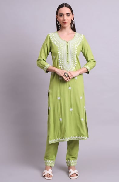 Parrot Green Cotton Embroidered Kurta with Bottom