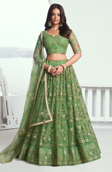 Parrot Green Embroidered Net Lehenga Choli for Wedding