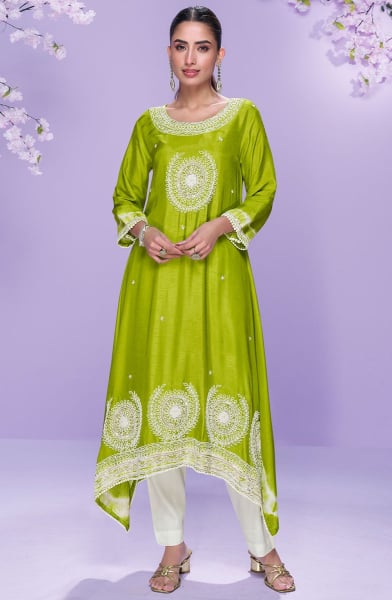 Parrot Green Embroidered Silk Asymmetrical Kurta