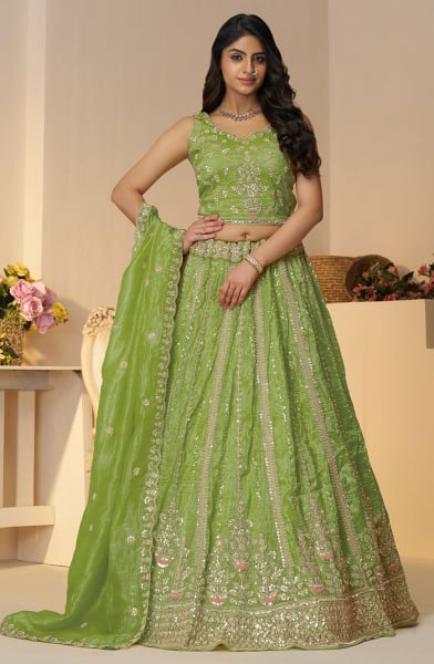 Parrot Green Heavy Embroidered Lehenga Choli for Wedding