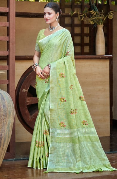 Parrot Green Linen Saree for Festival