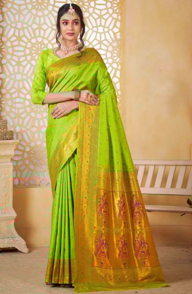 Parrot Green Paithani Silk Saree with Jacquard Work