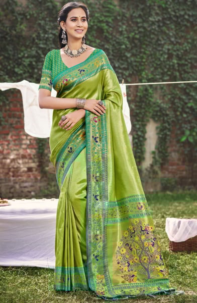 Parrot Green Paithani Silk Zari Woven Saree