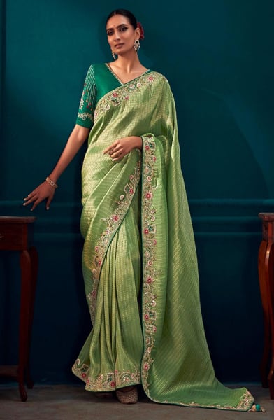 Parrot Green Pure Banarasi Kanjivaram Silk Embroidered Saree