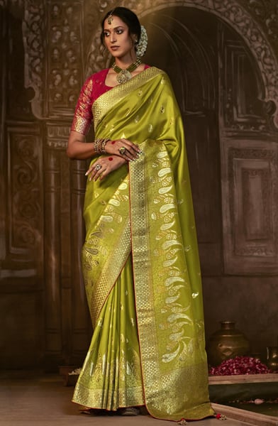 Parrot Green Pure Dola Silk Woven Saree