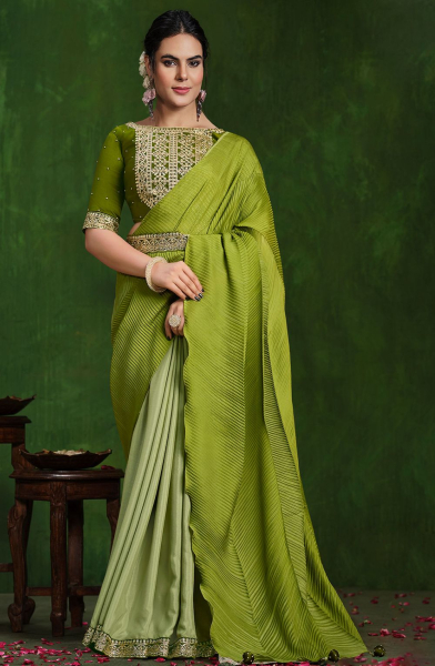 Parrot Green Sequins Embroidered Designer Saree