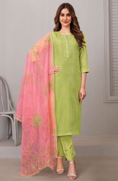 Parrot Green Silk Readymade Suit