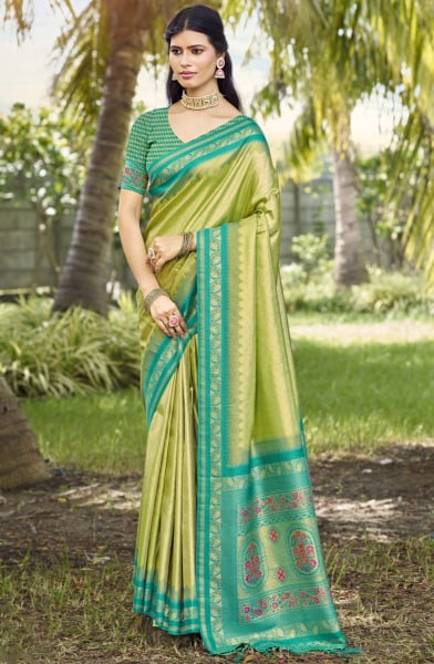 Parrot Green Silk Woven Work Saree