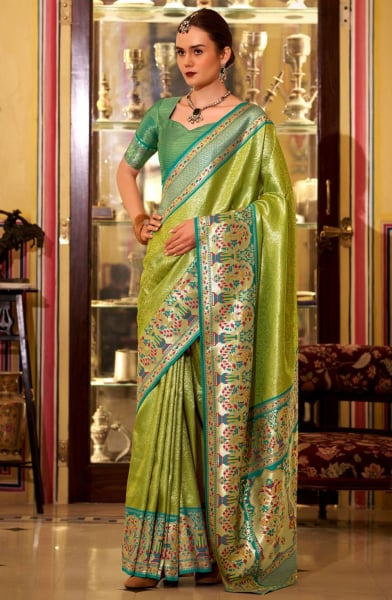 Parrot Green Soft Tissue Silk Zari Woven Saree