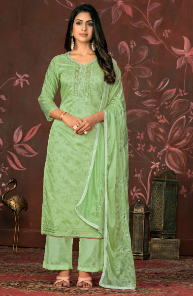 Parrot Green Woven Hand Work Partywear Suit