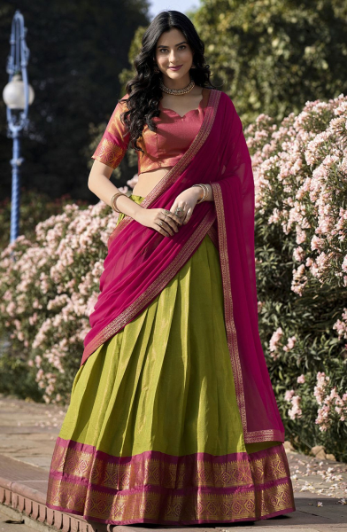 Parrot Green Zari Woven Kanchipuram Silk Lehenga Choli