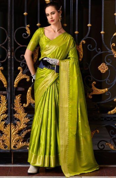 Parrot Green Zari Woven Munga Silk Saree