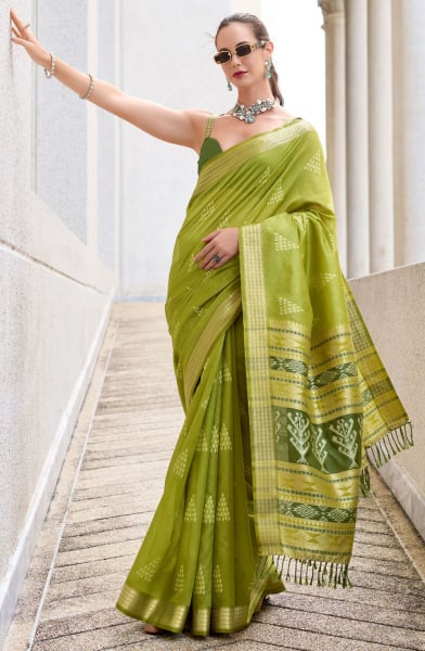 Parrot Green Zari Woven Rayon Silk Saree