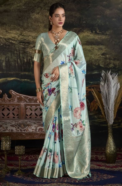 Pastel Blue Silk Zari Weaving Saree for Ceremonial