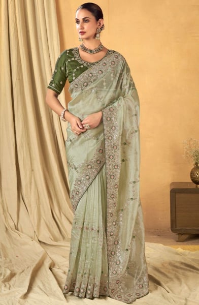 Pastel Green Embroidered Designer Saree for Wedding