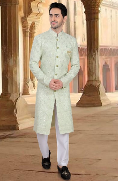 Pastel Green Embroidered Georgette Designer Sherwani
