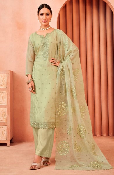 Pastel Green Embroidered Organza Pant Kameez