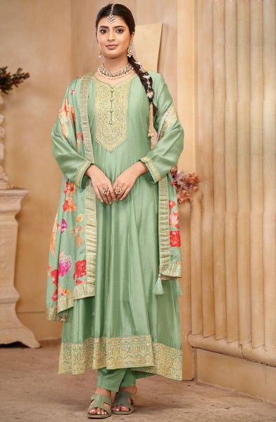 Pastel Green Embroidered Silk Anarkali Dress for Festival