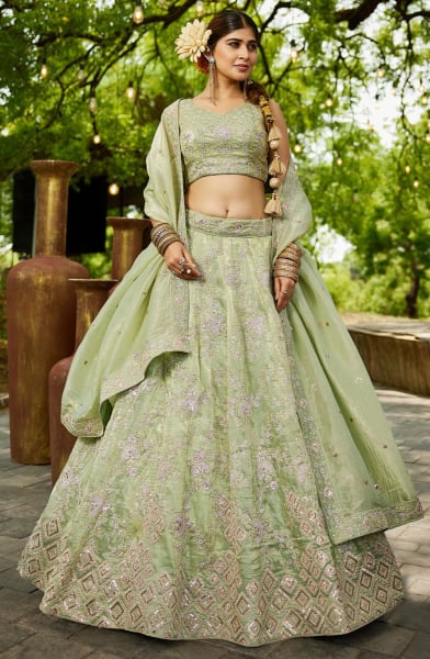 Pastel Green Embroidered Tissue Designer Bridal Lehenga Set